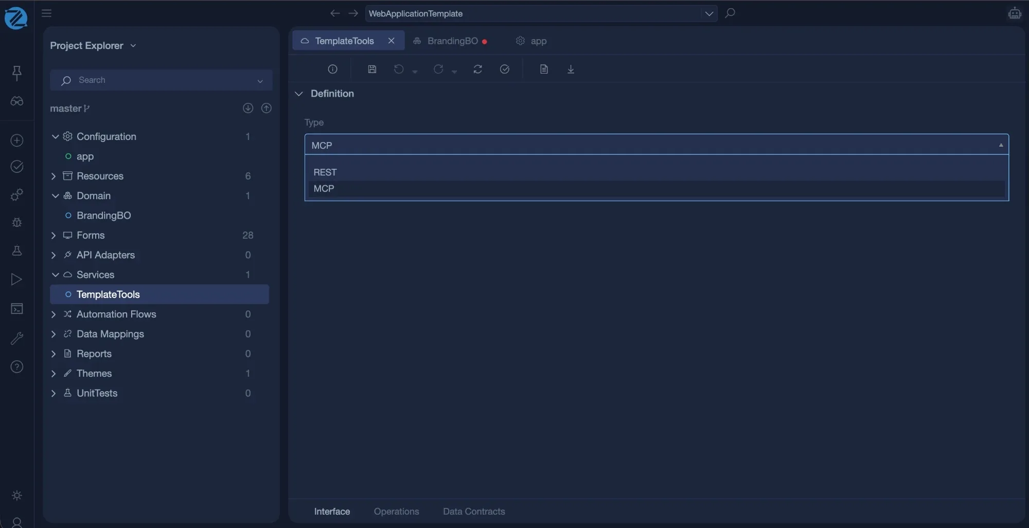 The service editor with type MCP