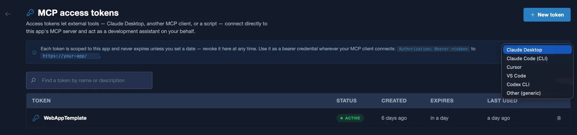 MCP access tokens in Studio